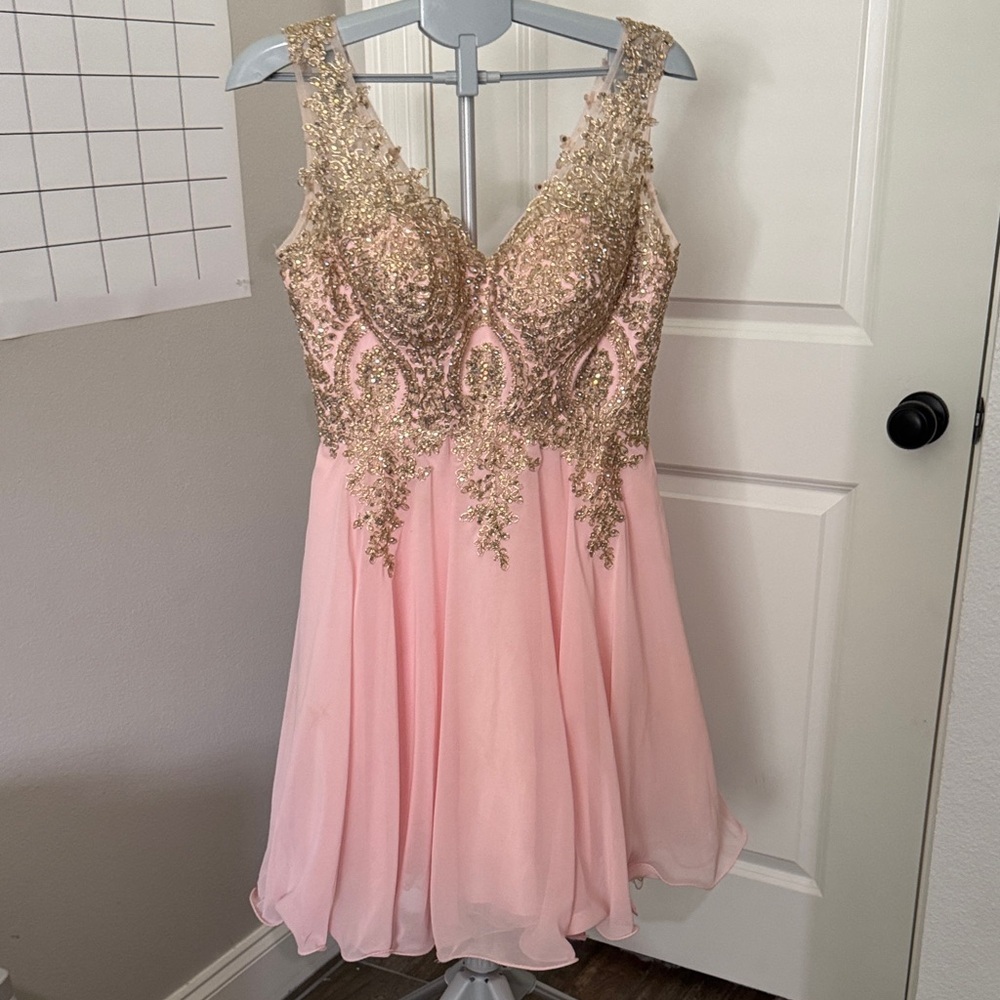 Elegant Pink and Gold Embellished Prom Dress